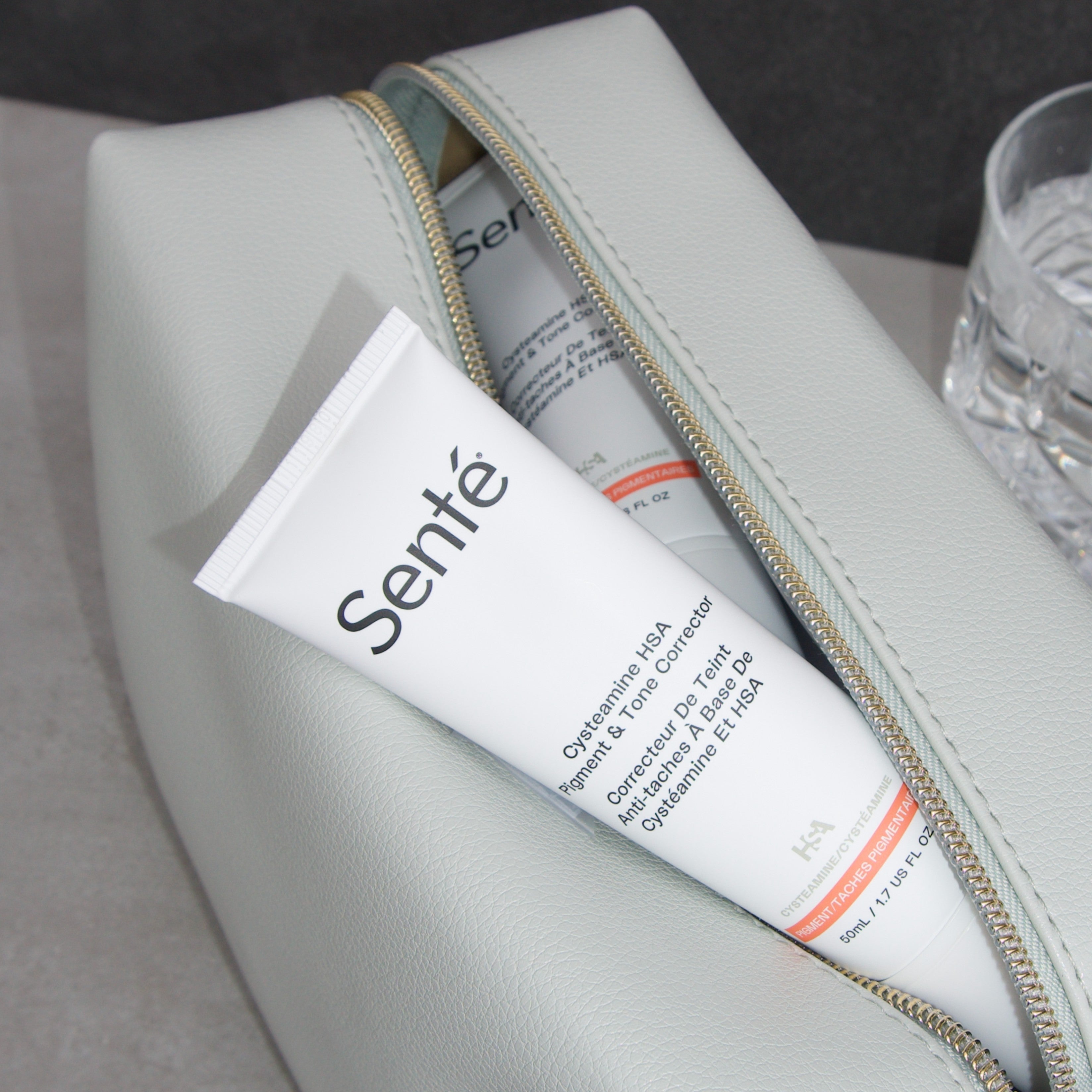 cysteamine HSA bottle inside a makeup bag