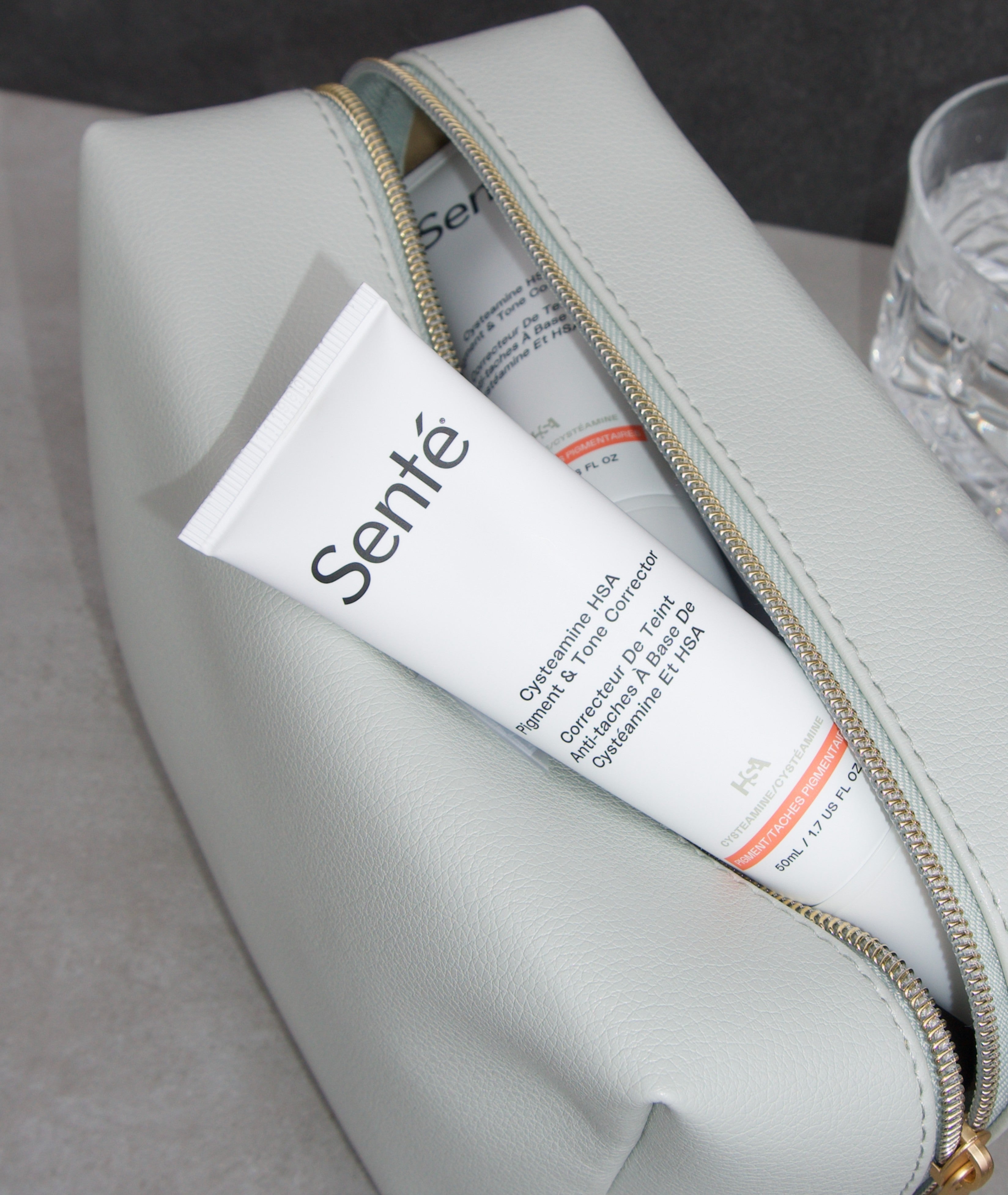 cysteamine HSA bottle inside a makeup bag